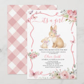 It's a Girl Bunny Baby Shower Pink Floral 招待状 (正面/裏面)