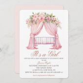 Its a Girl Crib Pink春の花ベビーシャワー 招待状 (正面/裏面)