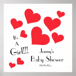 It's A Girl! - Cute Red Hearts Custom Baby Shower ポスター
