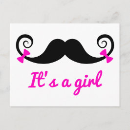 it's a girl design, curly mustache with pink bows 案内ポストカード