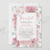 It's A Girl Dusty Rose Floral Cute Baby Shower 招待状 (正面)