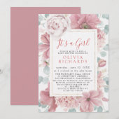 It's A Girl Dusty Rose Floral Cute Baby Shower 招待状 (正面/裏面)