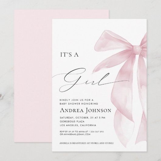 It's a Girl | Elegant Classy Pink Bow Baby Shower 招待状 (正面/裏面)