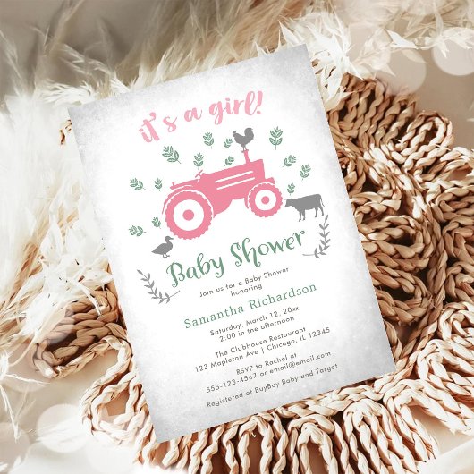 It's A Girl Farm Tractor Baby Shower Invitation 招待状