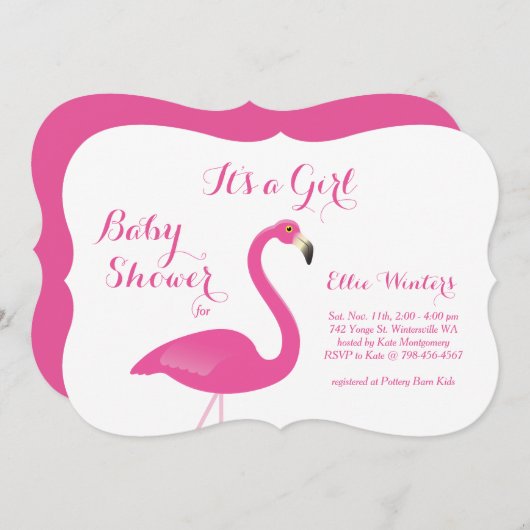 It's a Girl - Flamingo Baby Shower招待状 招待状 (正面/裏面)