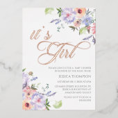 i'ts a Girl Floral Baby Shower pink and purple  箔招待状 (正面)