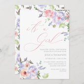 i'ts a Girl Floral Baby Shower pink and purple Inv 招待状 (正面/裏面)
