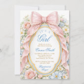 It's a Girl Floral Pink Bow Coquette Baby Shower 招待状 (正面)