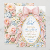 It's a Girl Floral Pink Bow Coquette Baby Shower 招待状 (正面/裏面)