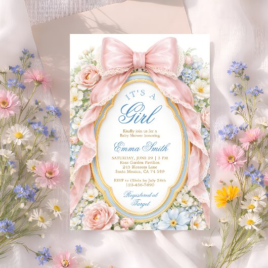 It's a Girl Floral Pink Bow Coquette Baby Shower 招待状