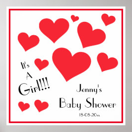 It's A Girl! Happy Red Hearts Custom Baby Shower ポスター