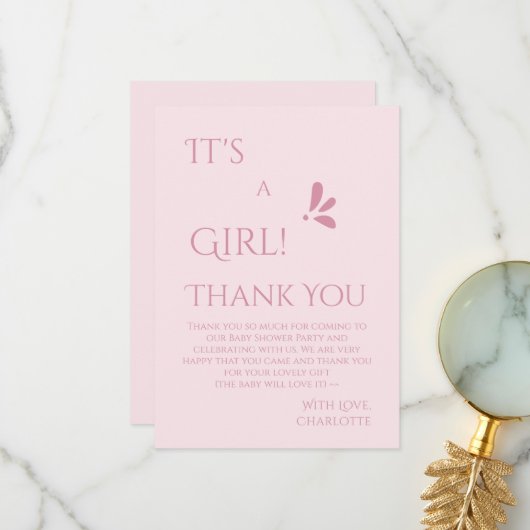 It's A Girl! Minimalism Pastel Pink Baby Shower サンキューカード (正面/裏面インサイチュ)