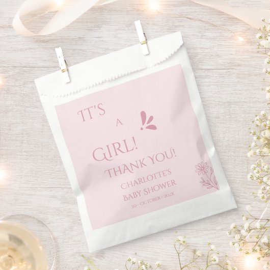 It's A Girl! Minimalism Pastel Pink Baby Shower フェイバーバッグ (クリップ留めされた状態)