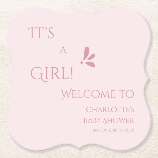 It's A Girl! Minimalism Pastel Pink Baby Shower ペーパーコースター (正面)