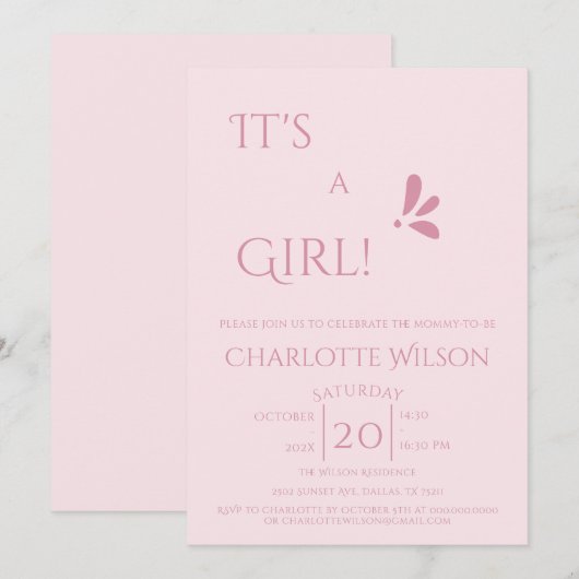 It's A Girl! Minimalism Pastel Pink Baby Shower 招待状 (正面/裏面)