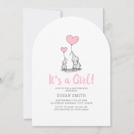 It's a Girl Minimalist Elephant Baby Shower 招待状 (正面)