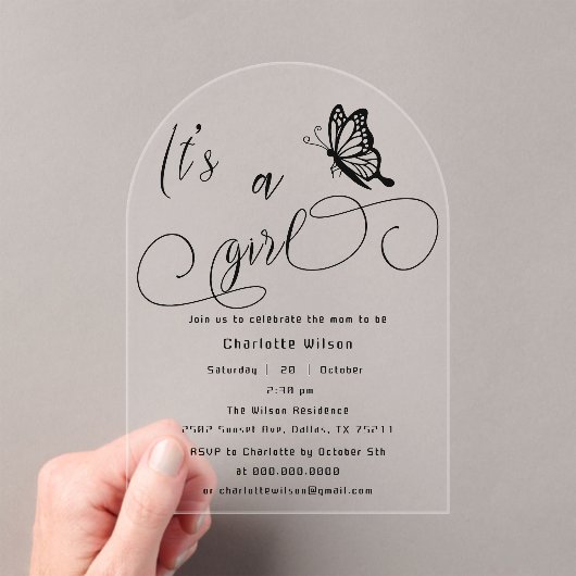 It's A Girl Modern Minimal Butterfly Baby Shower アクリル招待状 (インサイチュ (ポータブル))