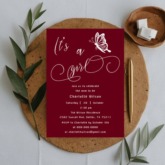 It's A Girl Modern Minimal Butterfly Baby Shower 招待状