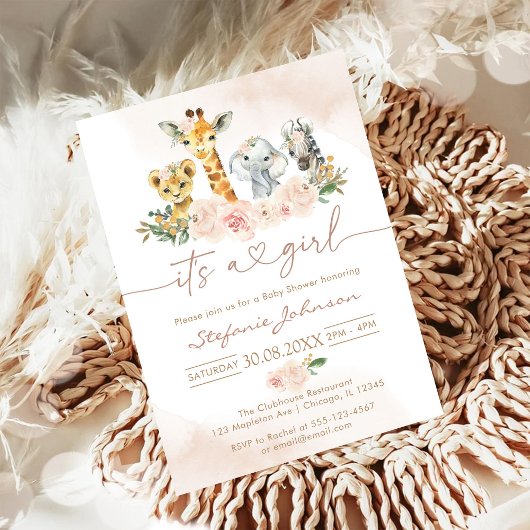 It's A Girl Party Animals Safari Baby Shower 招待状