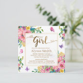 It's a Girl Pink Blue Yellow Floral Baby Shower 招待状 (スタンド正面)