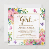It's a Girl Pink Blue Yellow Floral Baby Shower 招待状 (正面)