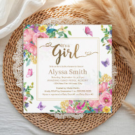 It's a Girl Pink Blue Yellow Floral Baby Shower 招待状
