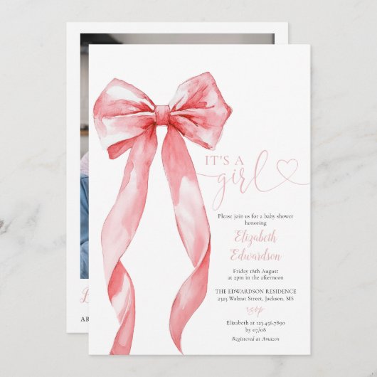 Its A Girl Pink Bow Baby Shower Photo QR Code 招待状 (正面/裏面)