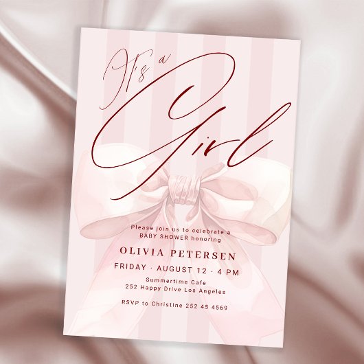 Its a girl pink bow elegant girl baby shower 招待状