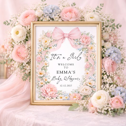 It's a Girl Pink Bow Garden Baby Shower Welcome ポスター