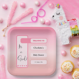 It's A Girl! Pink Gradient Cute Baby Shower ペーパープレート