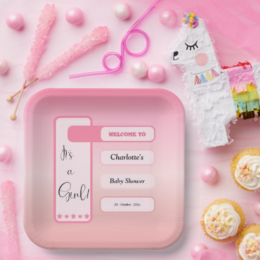 It's A Girl! Pink Gradient Cute Baby Shower ペーパープレート (パーティー)