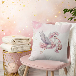 It's a Girl Pink Stork Pink Clouds Baby Shower  クッション
