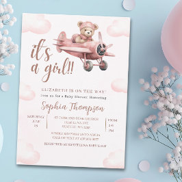 It's a Girl, Pink Teddy Bear Baby Shower Girl 招待状