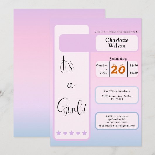 It's A Girl! Purple Gradient Cute Baby Shower 招待状 (正面/裏面)