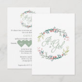 It's a Girl Quote in Pink Green on Floral Wreath 招待状 (正面/裏面)