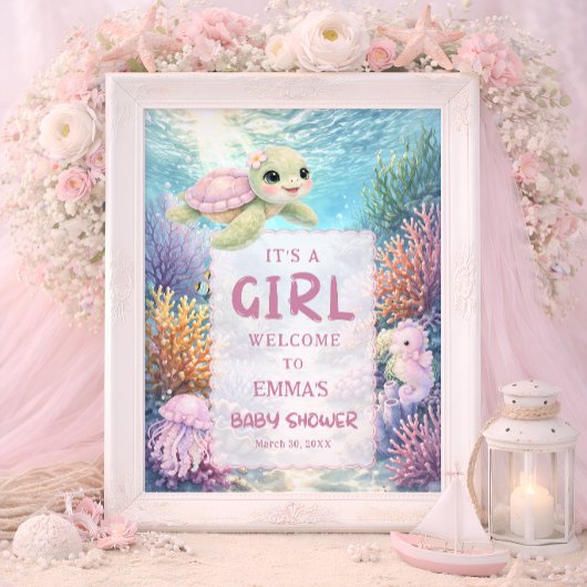 It's a Girl Sea Turtle Baby Shower Welcome ポスター