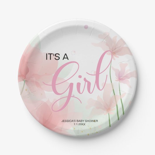 It's a Girl Soft Blush Pink Flowers  ペーパープレート (正面)