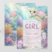 It's a Girl Under the Sea Turtle Girl Baby Shower 招待状 (正面/裏面)