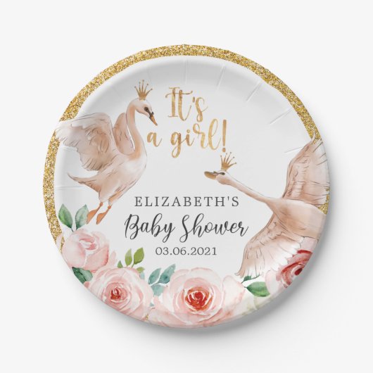 It's a Girl! Watercolor Swans Baby Shower ペーパープレート (正面)