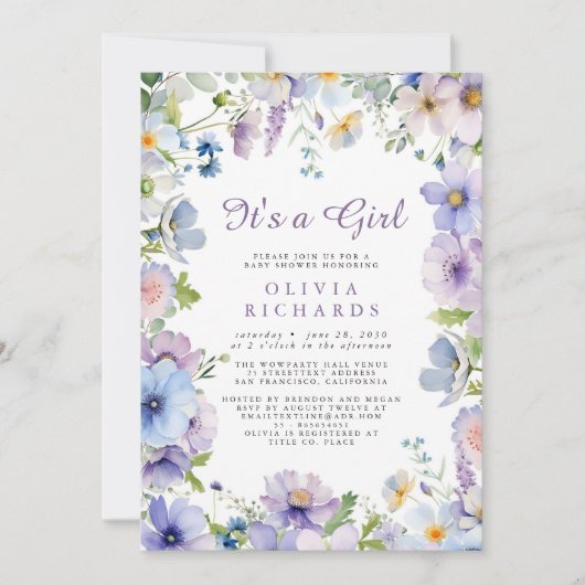It's A Girl Wildflower Floral Baby Shower  招待状 (正面)
