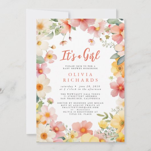 It's A Girl Wildflower Floral Baby Shower  招待状 (正面)