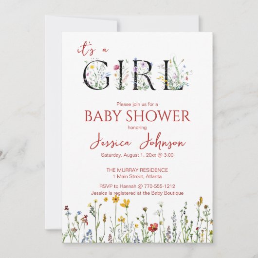 It's a Girl with Spring Flowers Baby Shower 招待状 (正面)
