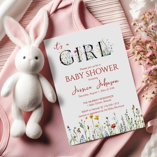 It's a Girl with Spring Flowers Baby Shower 招待状