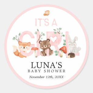 It's a Girl Woodland Pink Baby Shower Classic Roun ラウンドシール