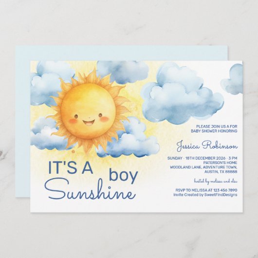 It's a Sunshine Boy Baby Shower 招待状 (正面/裏面)
