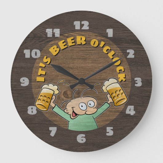 『It'S Beer O'Clock Dark Wood Texture Cartoon Pints ラージ壁時計 (正面)