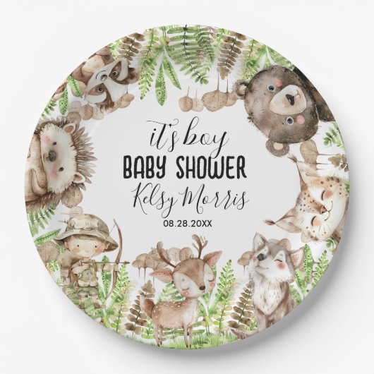 its boy Rustic Woodland Baby Shower Invite ペーパープレート (正面)