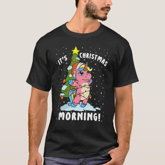 It's Christmas Morning Girls Unicorn Christmas Tre Tシャツ (正面)