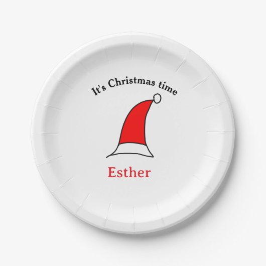 It's Christmas time Santa red hat name simple fun ペーパープレート (正面)