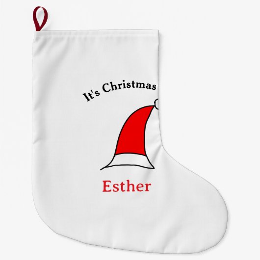 It's Christmas time Santa red hat name simple fun ラージクリスマスストッキング (正面)